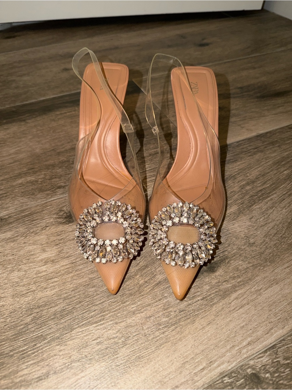 Zara Crystal Buckle Clear Slingback Pumps in Tan
